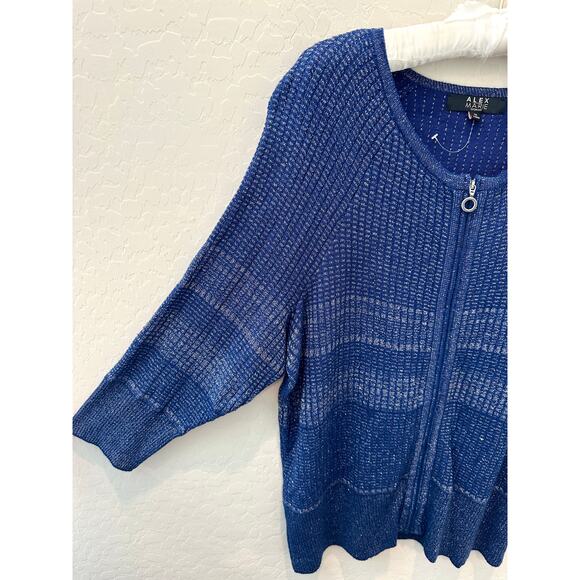 ALEX MARIE |  Blue Metallic Knit Zip Cardigan Sweater | Size 1X - Picture 3 of 6
